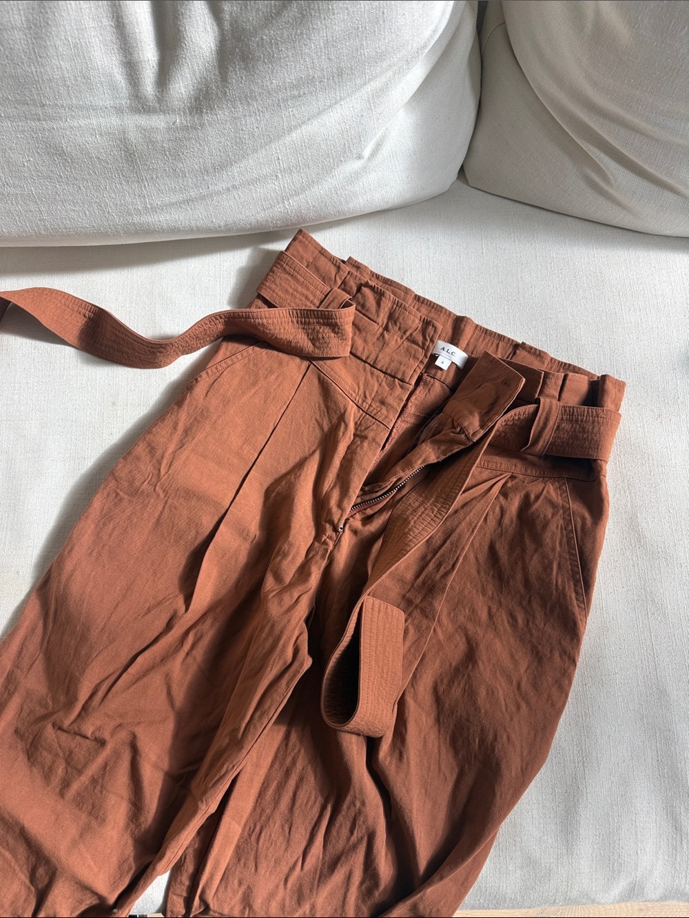 A.L.C. Rust Brown High-Waist Chinos with Self Belt